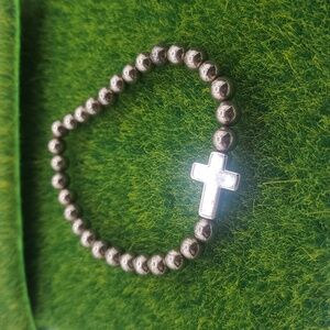 Sterling Silver Beaded Cross Religious Bracelet B3017 Stretch Adjust